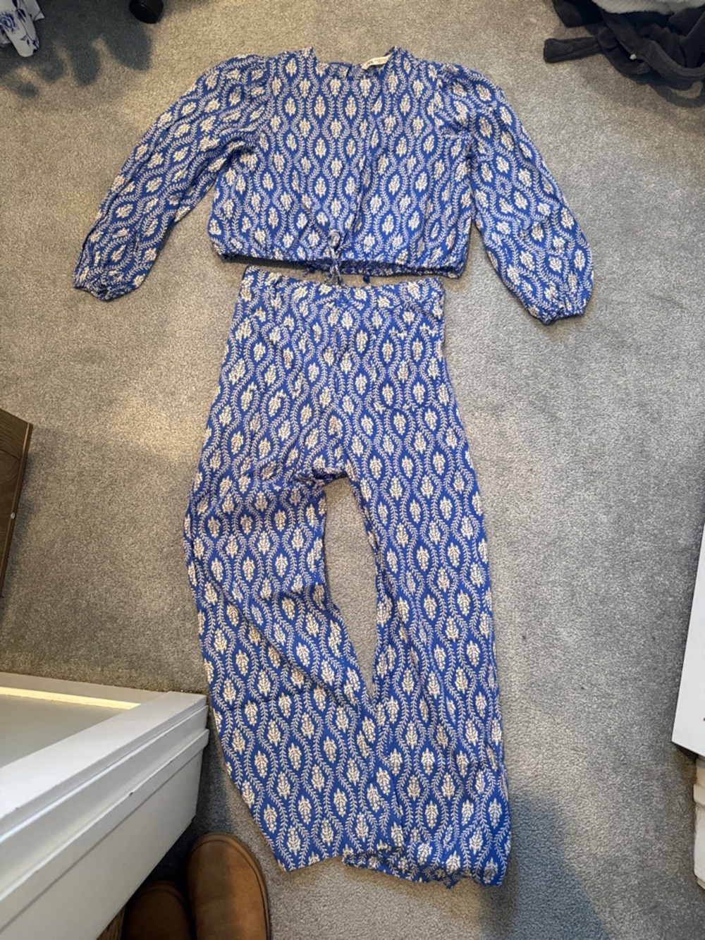 Zara Blue & White Printed Two-Piece Jumpsuit Set